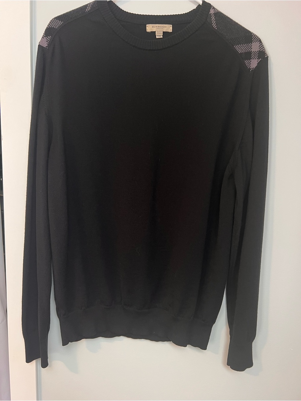 Burberry Black Crewneck Sweater with signature Plaid Shoulder Panels
